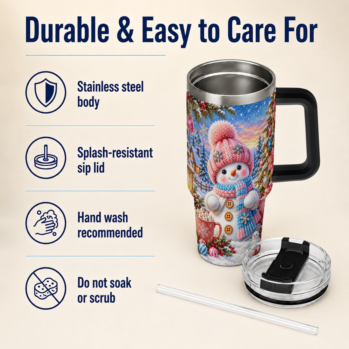 #pl[40oz|Black] Cute Snowman 40oz Tumbler with Handle, Holiday Stainless Steel Travel Cup