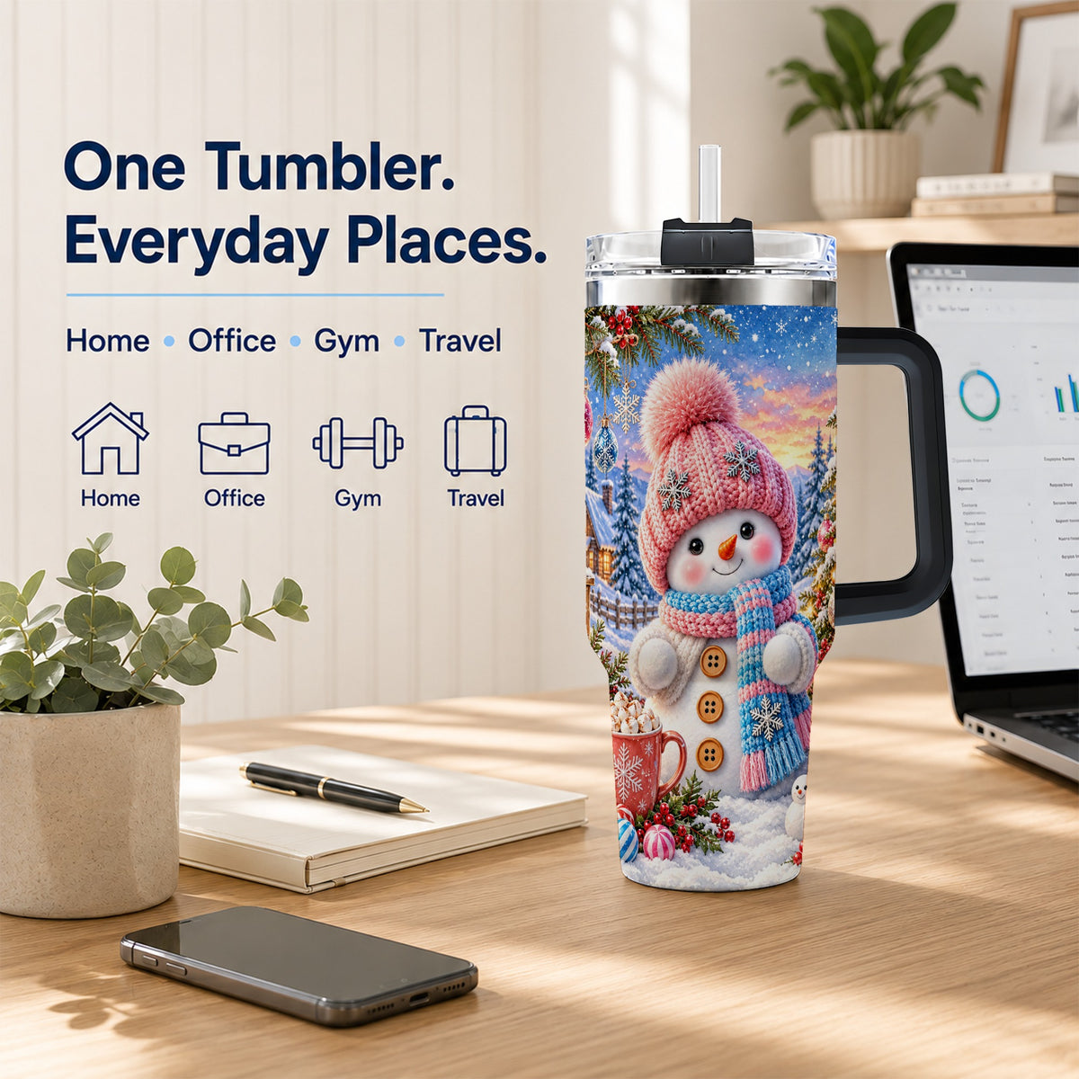 #pl[40oz|Black] Cute Snowman 40oz Tumbler with Handle, Holiday Stainless Steel Travel Cup