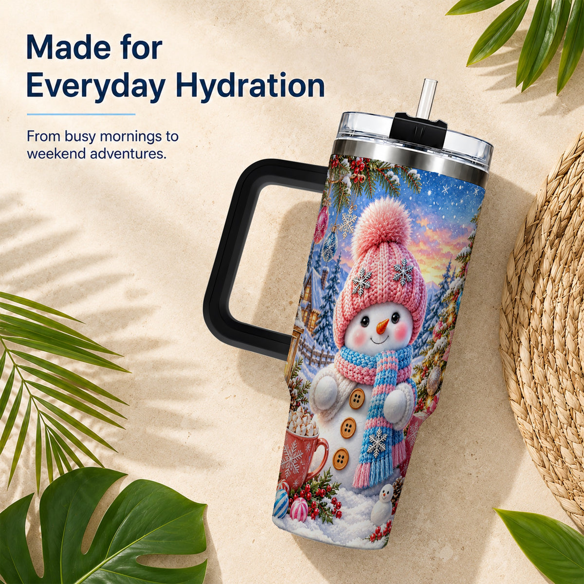 #pl[40oz|Black] Cute Snowman 40oz Tumbler with Handle, Holiday Stainless Steel Travel Cup
