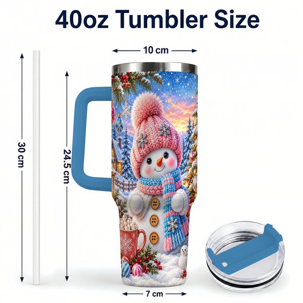 #pl[40oz|Blue] Cute Snowman 40oz Tumbler with Handle, Holiday Stainless Steel Travel Cup