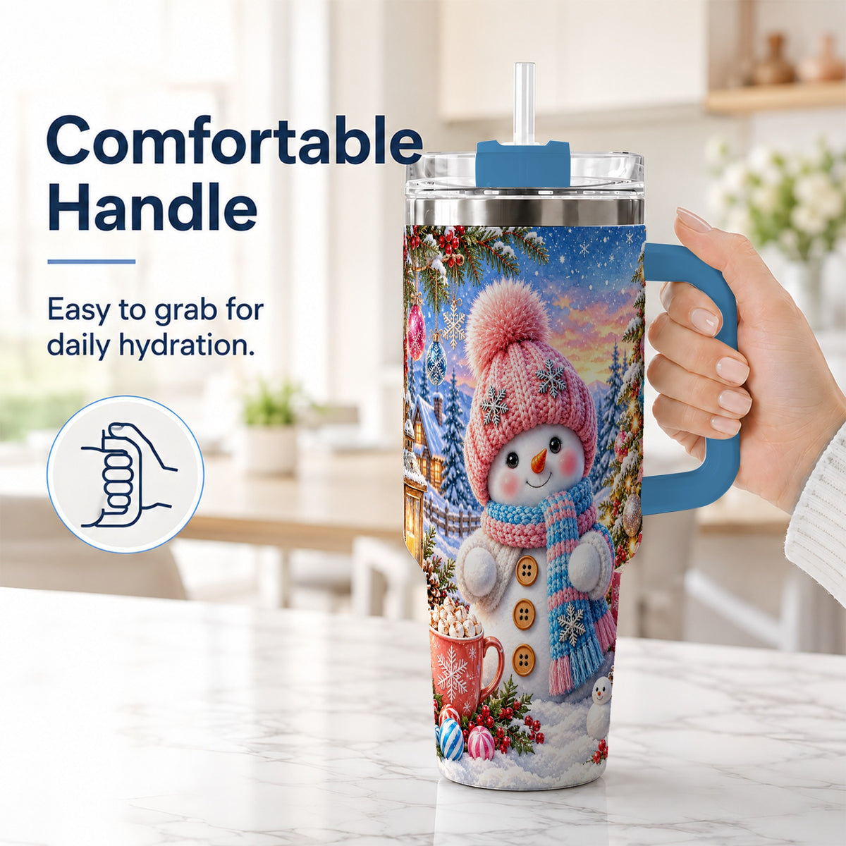 #pl[40oz|Blue] Cute Snowman 40oz Tumbler with Handle, Holiday Stainless Steel Travel Cup