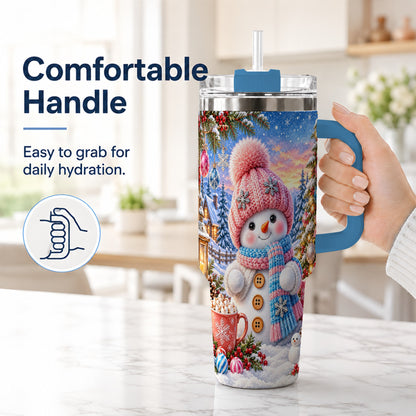 #pl[40oz|Blue] Cute Snowman 40oz Tumbler with Handle, Holiday Stainless Steel Travel Cup