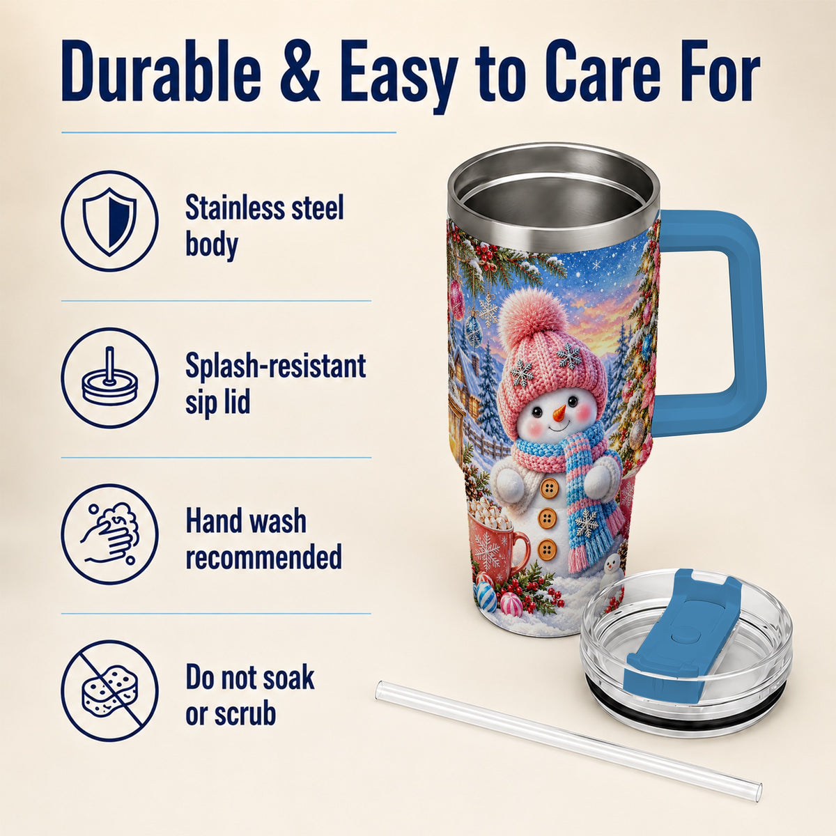 #pl[40oz|Blue] Cute Snowman 40oz Tumbler with Handle, Holiday Stainless Steel Travel Cup