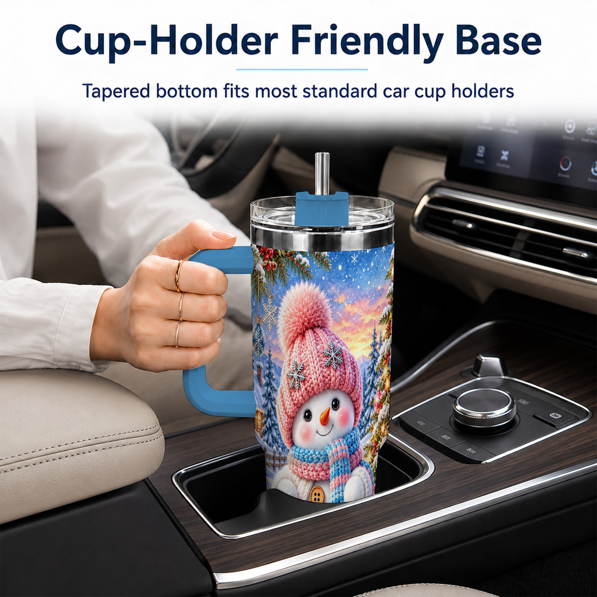#pl[40oz|Blue] Cute Snowman 40oz Tumbler with Handle, Holiday Stainless Steel Travel Cup