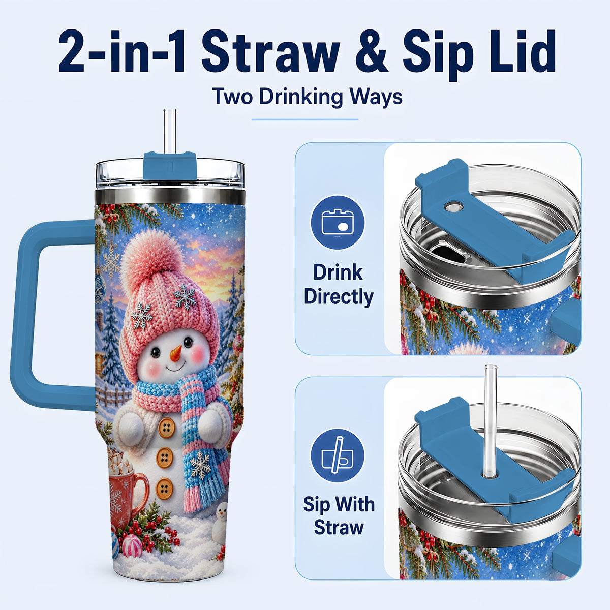 #pl[40oz|Blue] Cute Snowman 40oz Tumbler with Handle, Holiday Stainless Steel Travel Cup