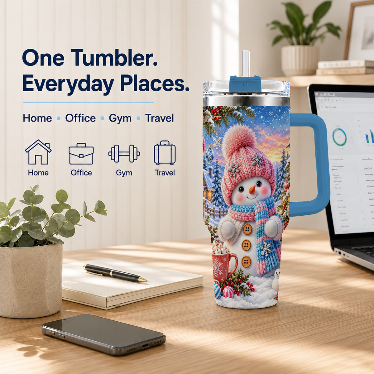 #pl[40oz|Blue] Cute Snowman 40oz Tumbler with Handle, Holiday Stainless Steel Travel Cup
