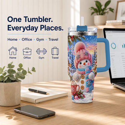 #pl[40oz|Blue] Cute Snowman 40oz Tumbler with Handle, Holiday Stainless Steel Travel Cup