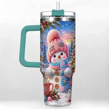 #pl[40oz|Green] Cute Snowman 40oz Tumbler with Handle, Holiday Stainless Steel Travel Cup