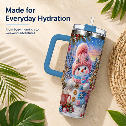 #pl[40oz|Blue] Cute Snowman 40oz Tumbler with Handle, Holiday Stainless Steel Travel Cup