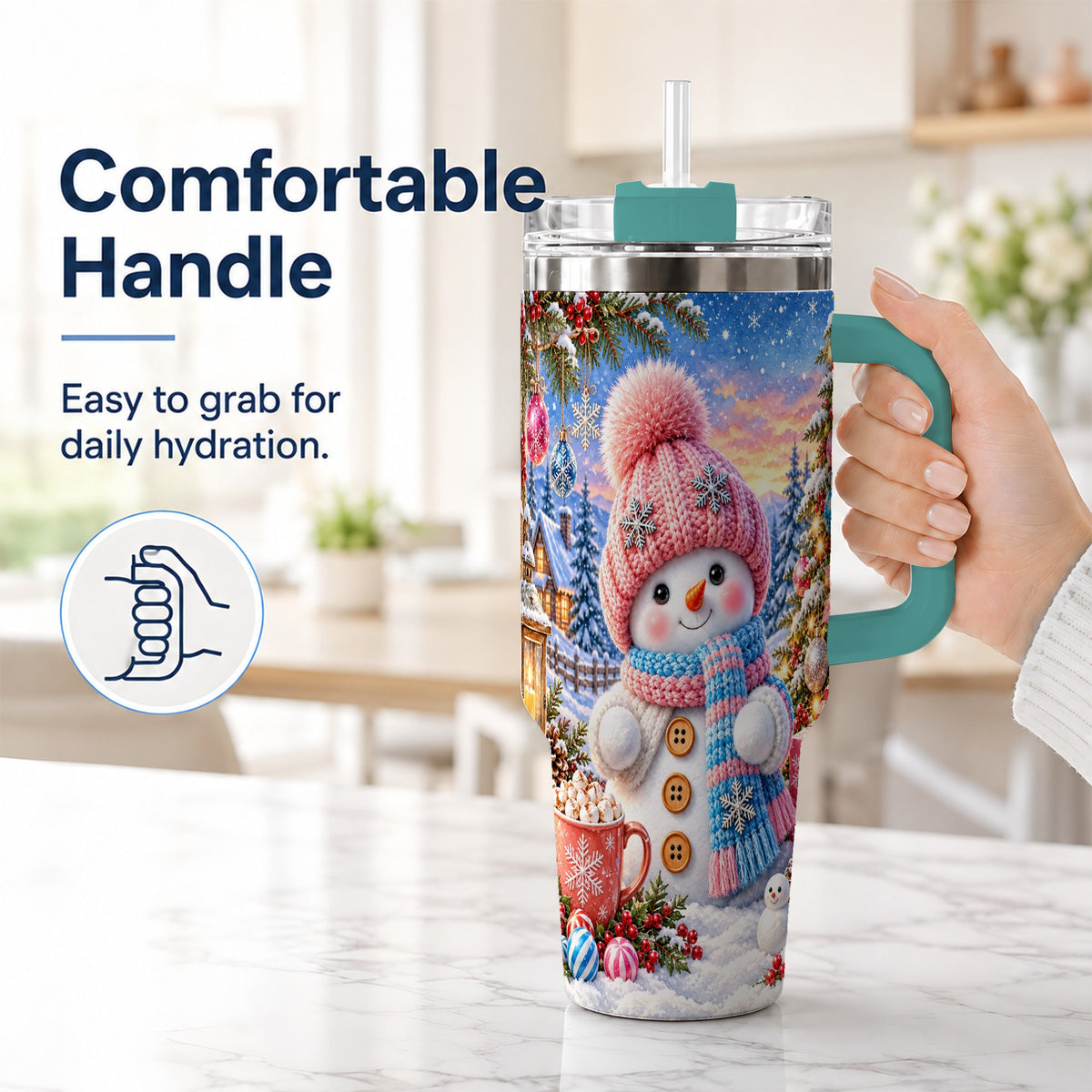 #pl[40oz|Green] Cute Snowman 40oz Tumbler with Handle, Holiday Stainless Steel Travel Cup