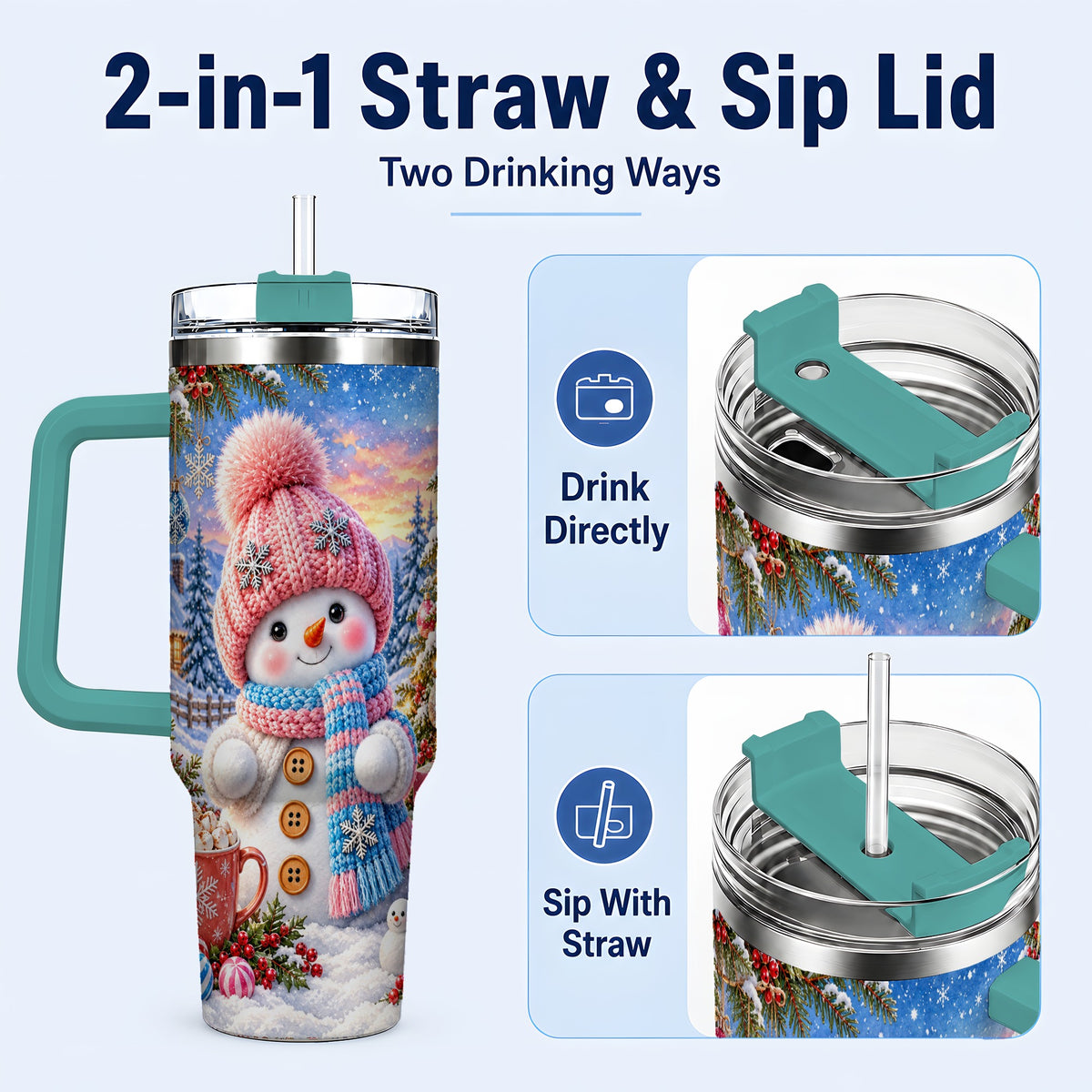 #pl[40oz|Green] Cute Snowman 40oz Tumbler with Handle, Holiday Stainless Steel Travel Cup