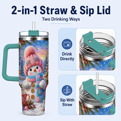 #pl[40oz|Green] Cute Snowman 40oz Tumbler with Handle, Holiday Stainless Steel Travel Cup