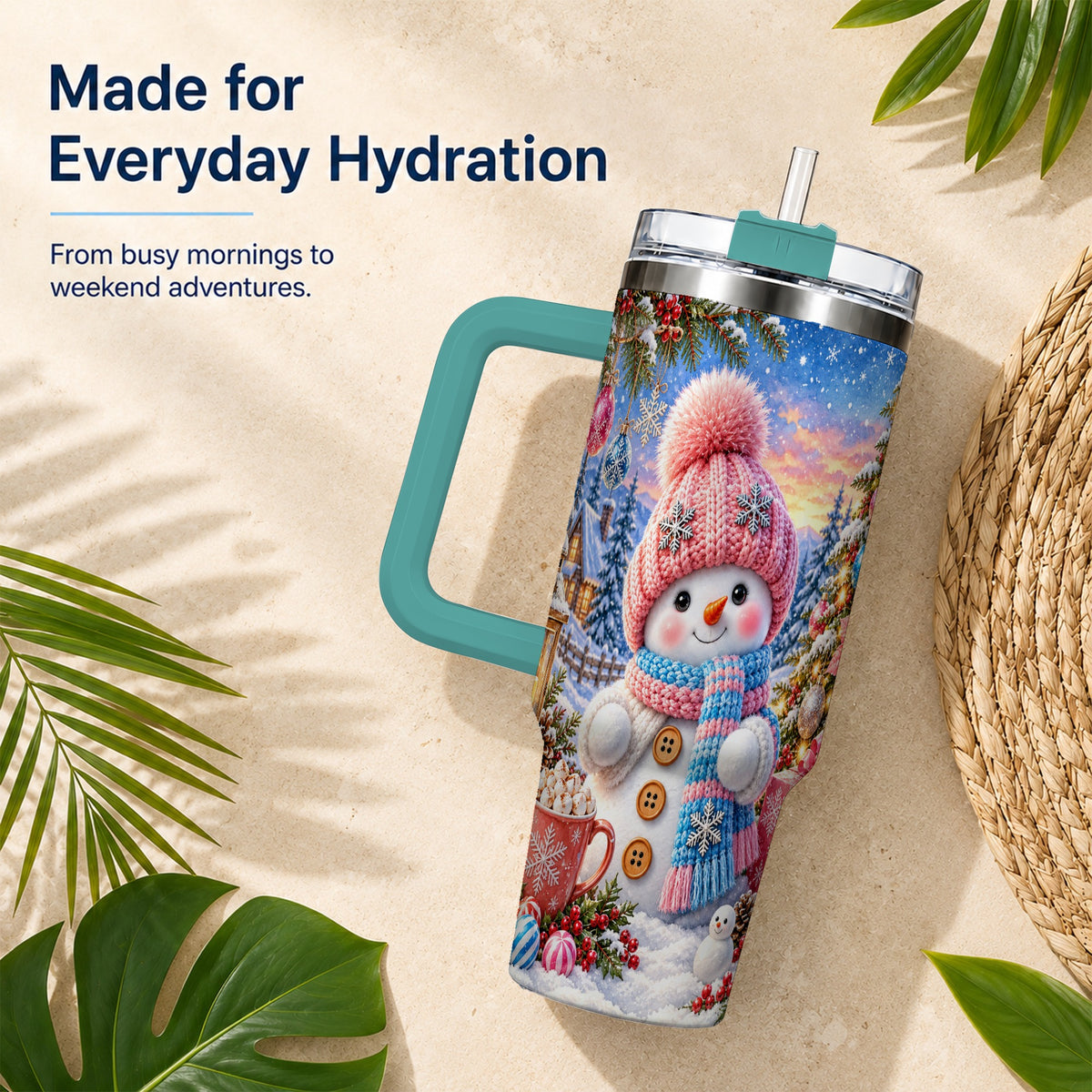 #pl[40oz|Green] Cute Snowman 40oz Tumbler with Handle, Holiday Stainless Steel Travel Cup