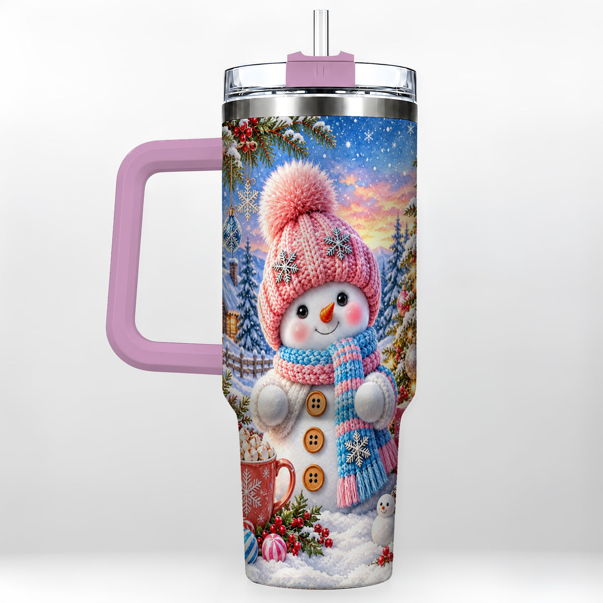 #pl[40oz|Pink] Cute Snowman 40oz Tumbler with Handle, Holiday Stainless Steel Travel Cup