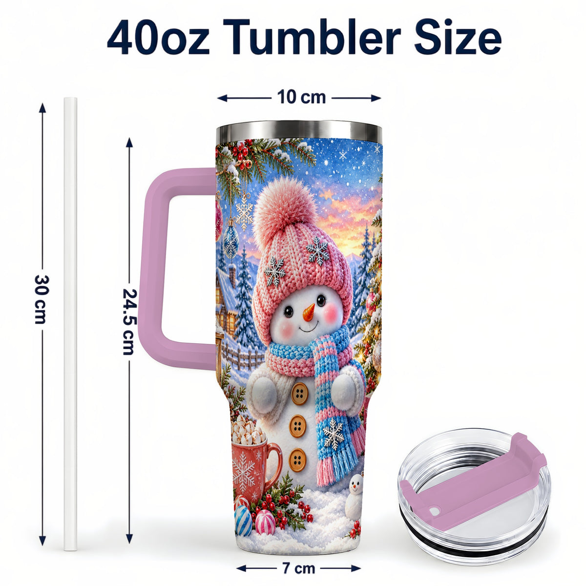 #pl[40oz|Pink] Cute Snowman 40oz Tumbler with Handle, Holiday Stainless Steel Travel Cup