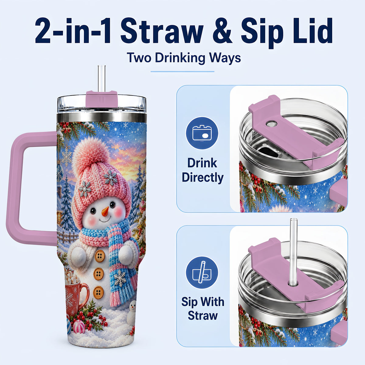 #pl[40oz|Pink] Cute Snowman 40oz Tumbler with Handle, Holiday Stainless Steel Travel Cup