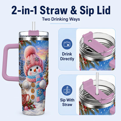 #pl[40oz|Pink] Cute Snowman 40oz Tumbler with Handle, Holiday Stainless Steel Travel Cup