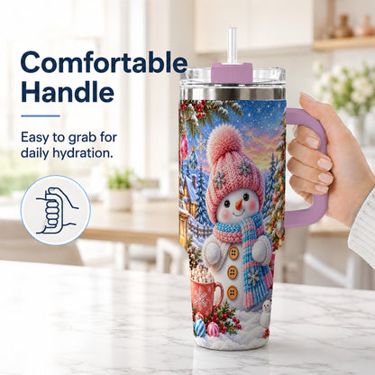 #pl[40oz|Pink] Cute Snowman 40oz Tumbler with Handle, Holiday Stainless Steel Travel Cup