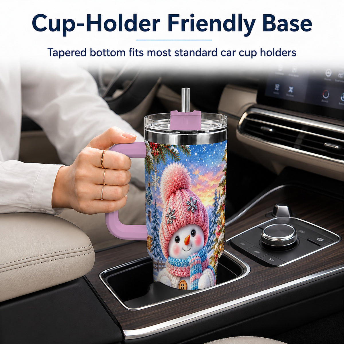 #pl[40oz|Pink] Cute Snowman 40oz Tumbler with Handle, Holiday Stainless Steel Travel Cup