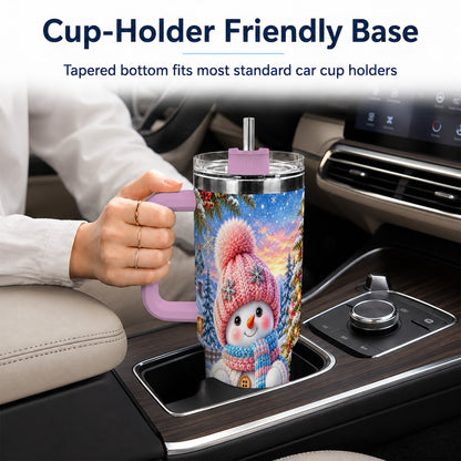 #pl[40oz|Pink] Cute Snowman 40oz Tumbler with Handle, Holiday Stainless Steel Travel Cup
