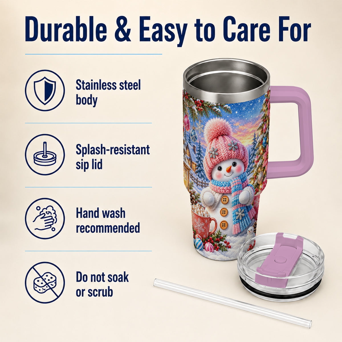 #pl[40oz|Pink] Cute Snowman 40oz Tumbler with Handle, Holiday Stainless Steel Travel Cup