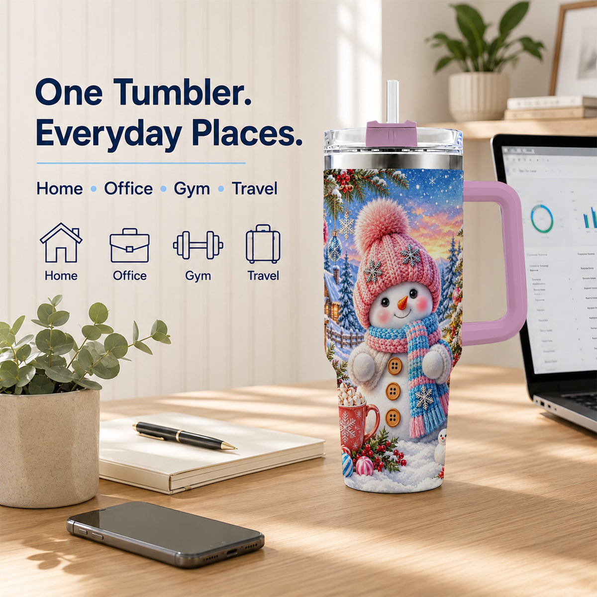 #pl[40oz|Pink] Cute Snowman 40oz Tumbler with Handle, Holiday Stainless Steel Travel Cup