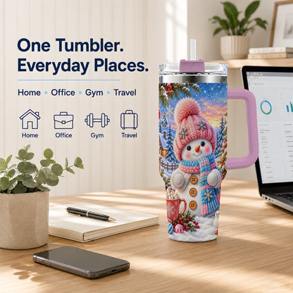 #pl[40oz|Pink] Cute Snowman 40oz Tumbler with Handle, Holiday Stainless Steel Travel Cup