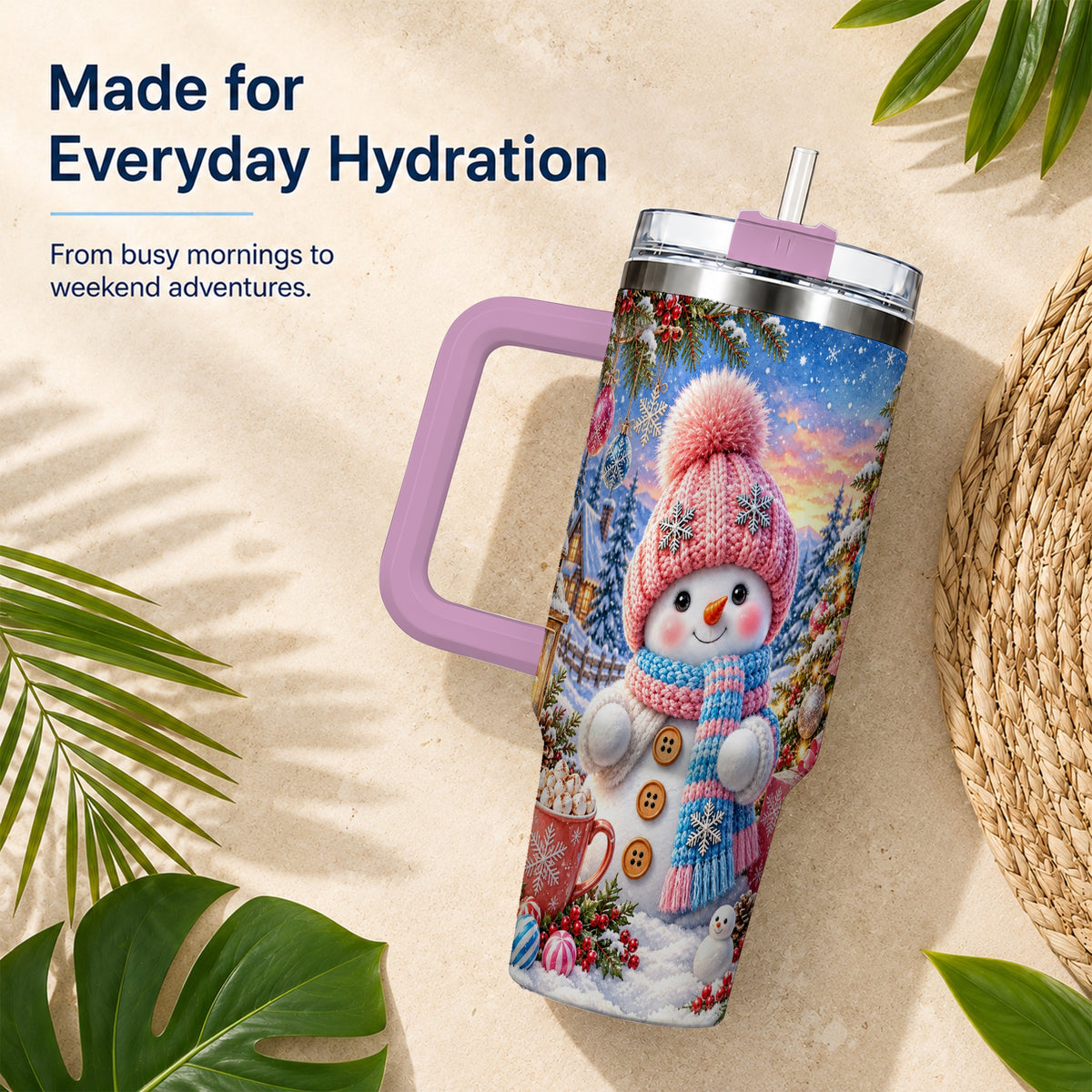 #pl[40oz|Pink] Cute Snowman 40oz Tumbler with Handle, Holiday Stainless Steel Travel Cup