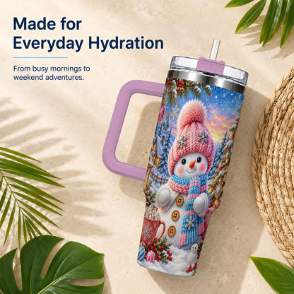 #pl[40oz|Pink] Cute Snowman 40oz Tumbler with Handle, Holiday Stainless Steel Travel Cup