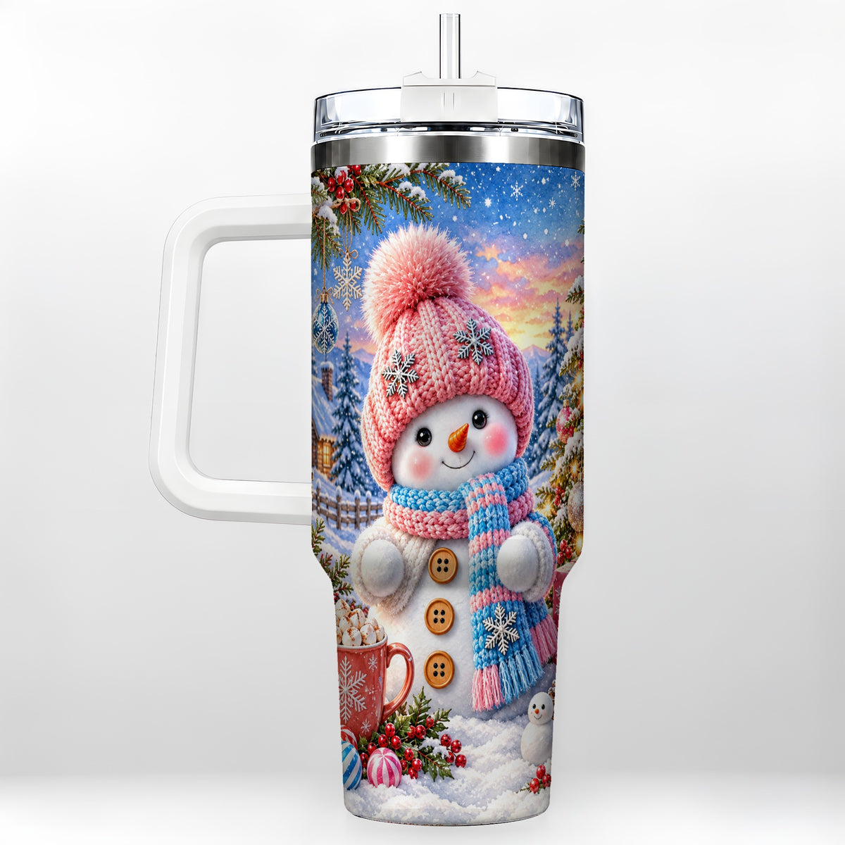 Cute Snowman 40oz Tumbler with Handle, Holiday Stainless Steel Travel Cup