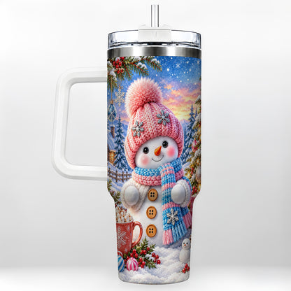 Cute Snowman 40oz Tumbler with Handle, Holiday Stainless Steel Travel Cup