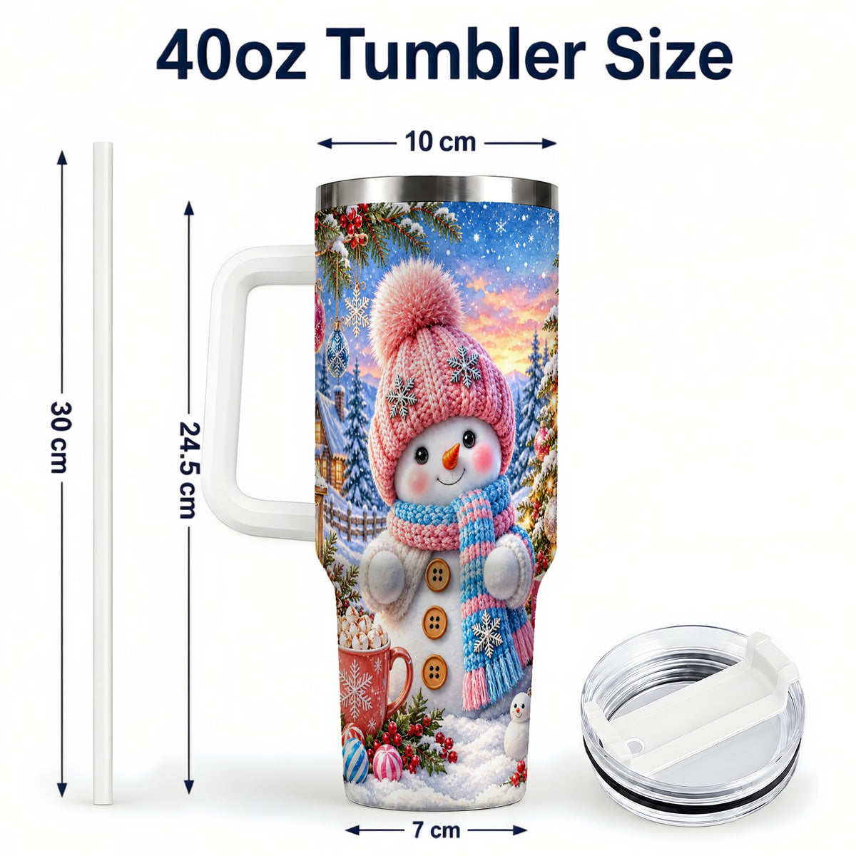 #pl[40oz|White] Cute Snowman 40oz Tumbler with Handle, Holiday Stainless Steel Travel Cup