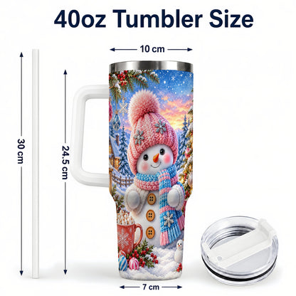 #pl[40oz|White] Cute Snowman 40oz Tumbler with Handle, Holiday Stainless Steel Travel Cup