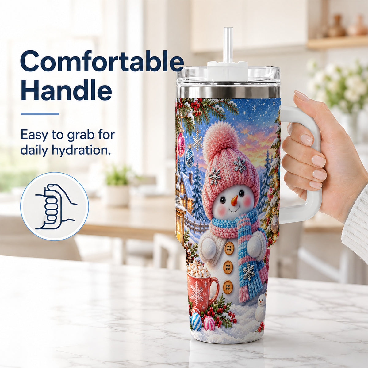 #pl[40oz|White] Cute Snowman 40oz Tumbler with Handle, Holiday Stainless Steel Travel Cup