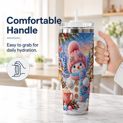 #pl[40oz|White] Cute Snowman 40oz Tumbler with Handle, Holiday Stainless Steel Travel Cup
