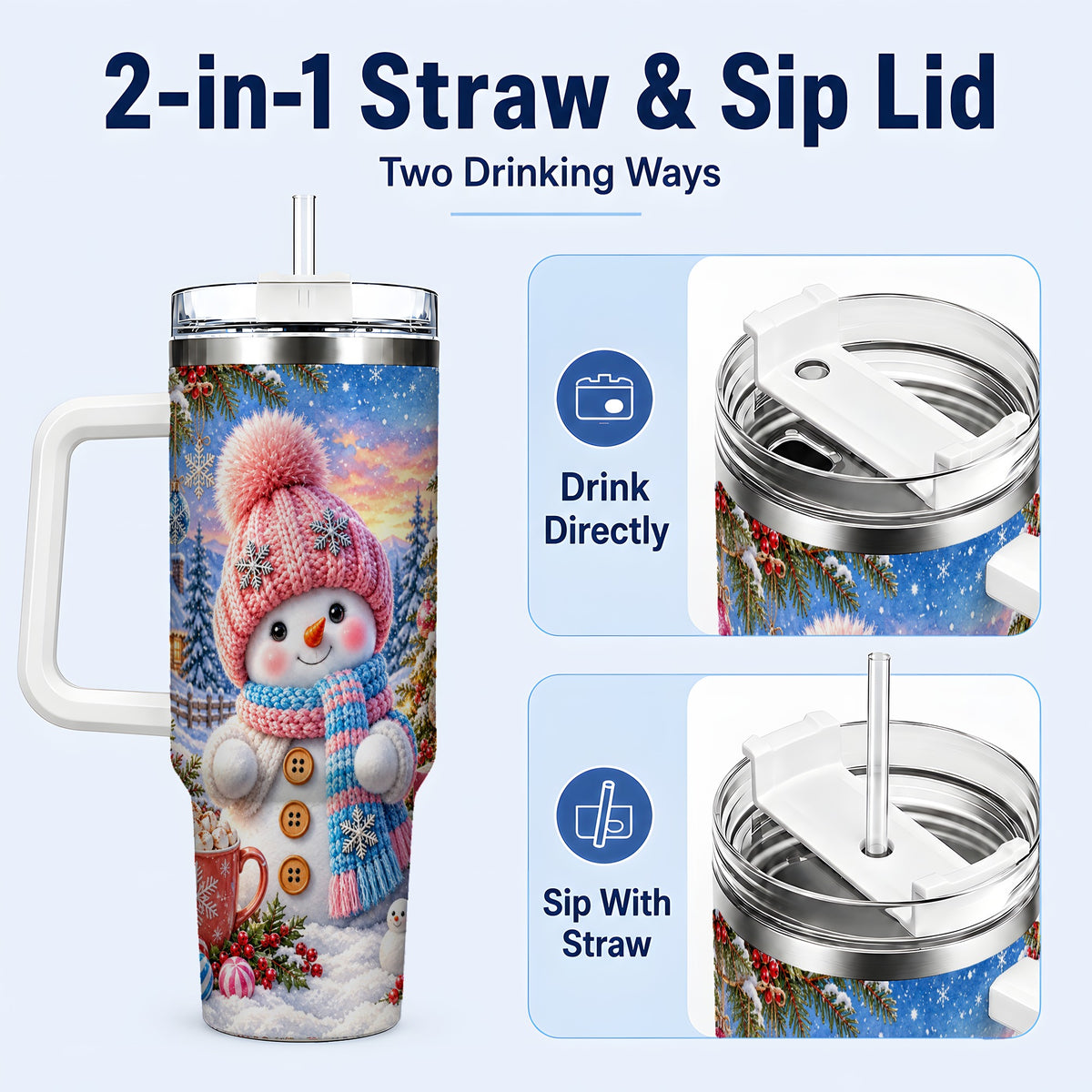 #pl[40oz|White] Cute Snowman 40oz Tumbler with Handle, Holiday Stainless Steel Travel Cup