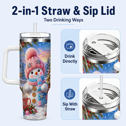 #pl[40oz|White] Cute Snowman 40oz Tumbler with Handle, Holiday Stainless Steel Travel Cup
