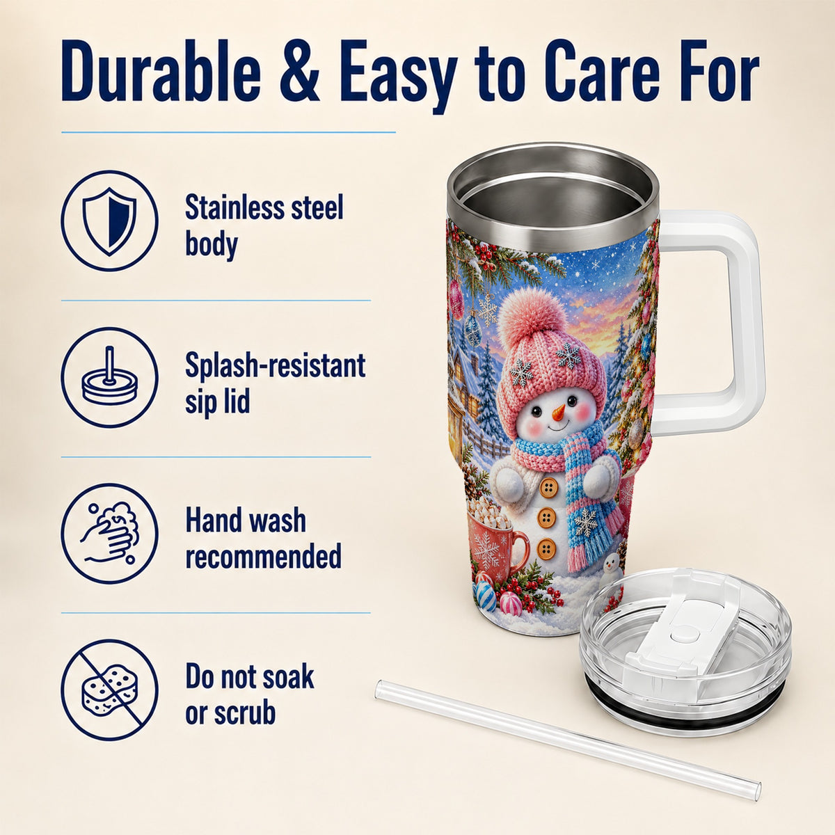 #pl[40oz|White] Cute Snowman 40oz Tumbler with Handle, Holiday Stainless Steel Travel Cup