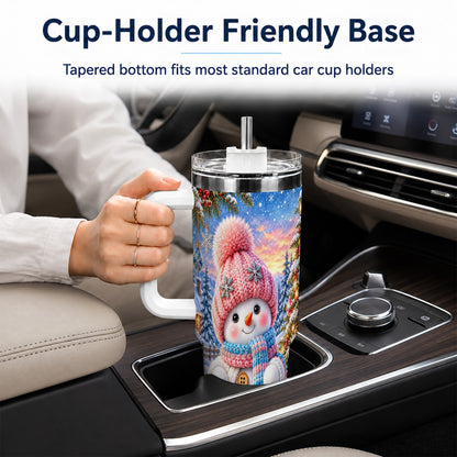 #pl[40oz|White] Cute Snowman 40oz Tumbler with Handle, Holiday Stainless Steel Travel Cup