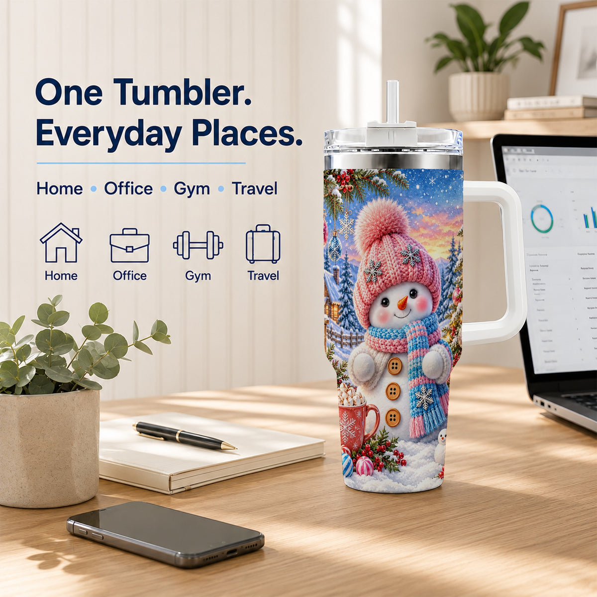 #pl[40oz|White] Cute Snowman 40oz Tumbler with Handle, Holiday Stainless Steel Travel Cup