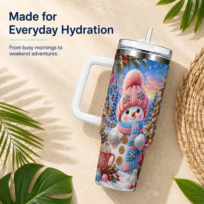 #pl[40oz|White] Cute Snowman 40oz Tumbler with Handle, Holiday Stainless Steel Travel Cup