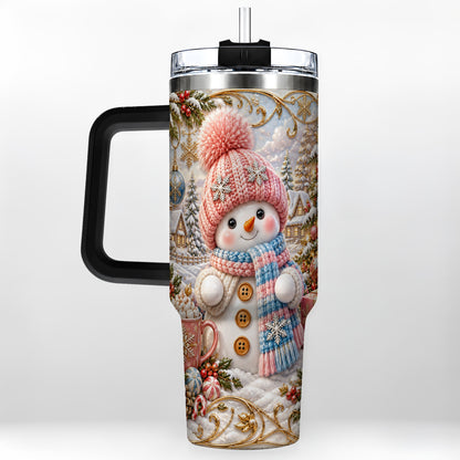 #pl[40oz|Black] Pink Snowman 40oz Tumbler with Handle, Winter Stainless Steel Travel Cup