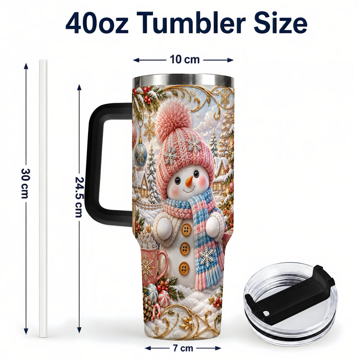 #pl[40oz|Black] Pink Snowman 40oz Tumbler with Handle, Winter Stainless Steel Travel Cup