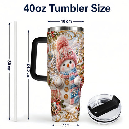 #pl[40oz|Black] Pink Snowman 40oz Tumbler with Handle, Winter Stainless Steel Travel Cup