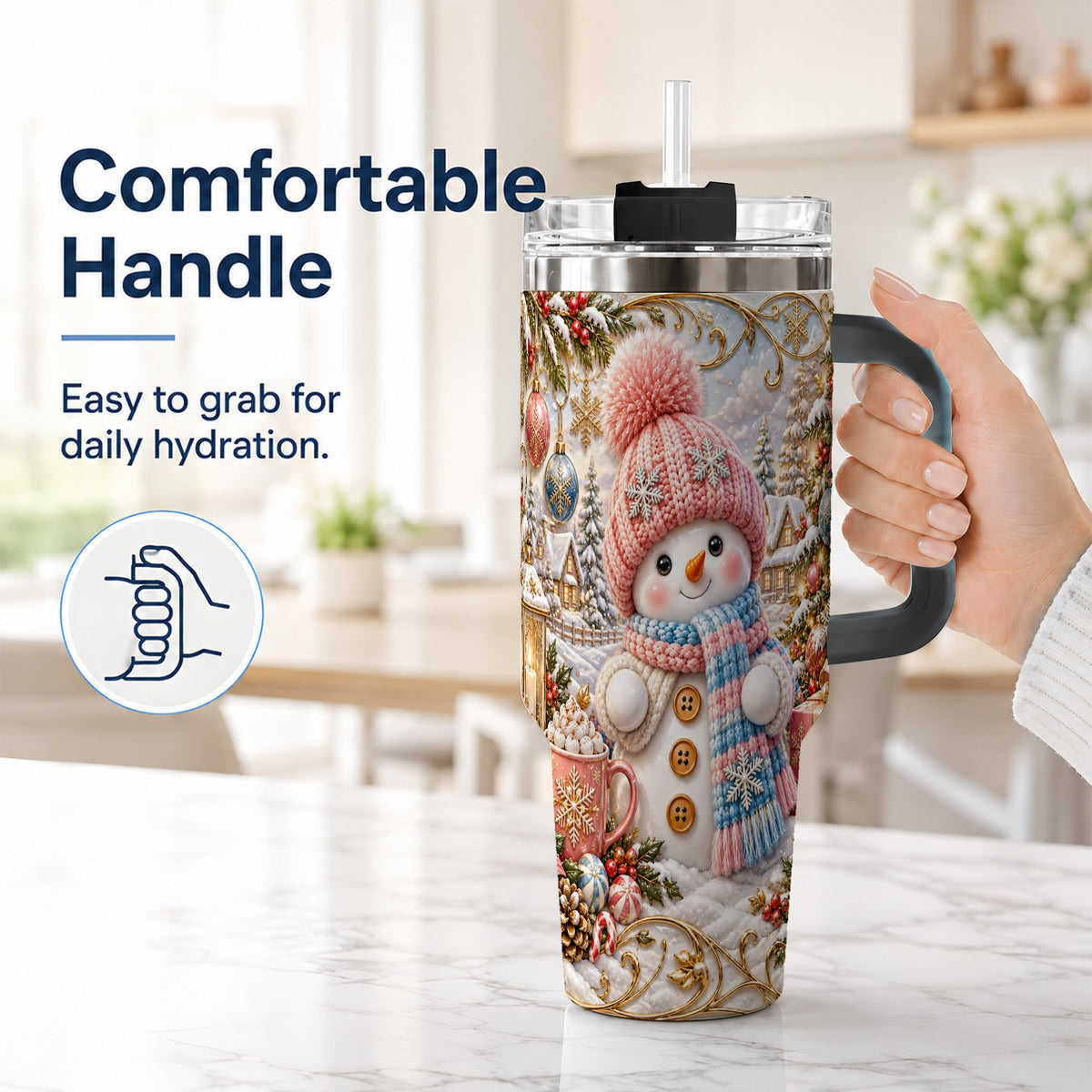 #pl[40oz|Black] Pink Snowman 40oz Tumbler with Handle, Winter Stainless Steel Travel Cup