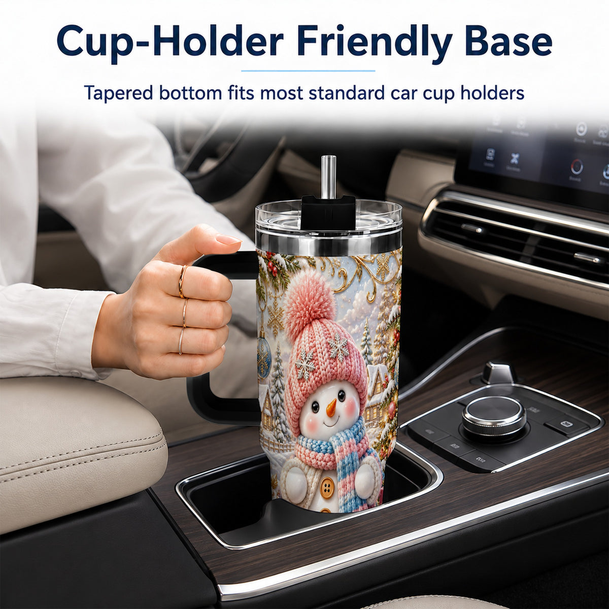 #pl[40oz|Black] Pink Snowman 40oz Tumbler with Handle, Winter Stainless Steel Travel Cup