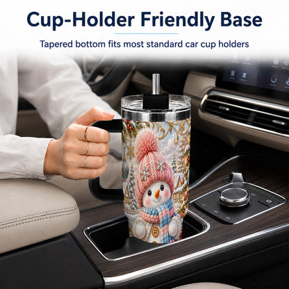 #pl[40oz|Black] Pink Snowman 40oz Tumbler with Handle, Winter Stainless Steel Travel Cup