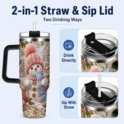 #pl[40oz|Black] Pink Snowman 40oz Tumbler with Handle, Winter Stainless Steel Travel Cup
