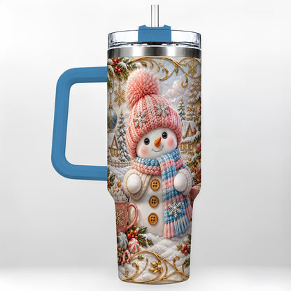 #pl[40oz|Blue] Pink Snowman 40oz Tumbler with Handle, Winter Stainless Steel Travel Cup