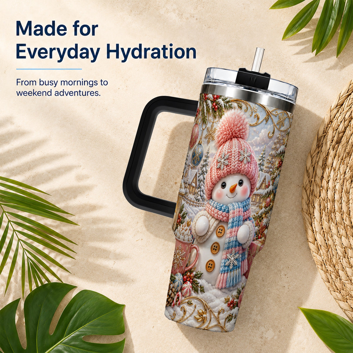 #pl[40oz|Black] Pink Snowman 40oz Tumbler with Handle, Winter Stainless Steel Travel Cup